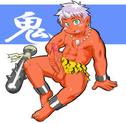 Rule 34 | 1boy, blush stickers, club (weapon), colored skin, functionally nude, green eyes, isuke, jewelry, loincloth, male focus, masturbation, necklace, oni, penis, pointy ears, red skin, uncensored, weapon, white hair