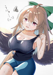 Rule 34 | 1girl, absurdres, ahoge, alternate costume, arm cannon, black shirt, black tank top, blue shorts, bow, breasts, brown hair, cleavage, clothes pull, commentary request, green bow, grey background, hair bow, highres, kosaka hikari, large breasts, long hair, looking at viewer, open mouth, pulling own clothes, red eyes, reiuji utsuho, shirt, shorts, simple background, solo, sweat, tank top, touhou, translation request, weapon