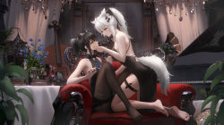 Rule 34 | 2girls, absurdres, alternate costume, alternate hairstyle, animal ears, arknights, bare shoulders, barefoot, black dress, black pantyhose, blue flower, cello, chandelier, clothing cutout, couch, cup, dress, drinking glass, face grab, flower, hair ornament, hairclip, highres, indoors, infection monitor (arknights), instrument, lappland (arknights), ling dianxia, multiple girls, no shoes, pantyhose, plant, ponytail, potted plant, scar, scar across eye, sitting, sleeveless, sleeveless dress, soles, spaghetti strap, tail, tail through clothes, texas (arknights), thigh strap, toes, torn clothes, torn pantyhose, white hair, wine glass, wolf ears, wolf tail, yellow eyes