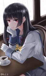Rule 34 | 1girl, bad id, bad pixiv id, black hair, blue sailor collar, coffee cup, cup, disposable cup, gloves, hair ribbon, highres, ibuki grunt, isokaze (kancolle), kantai collection, long hair, long sleeves, looking at viewer, neckerchief, red eyes, ribbon, sailor collar, saucer, school uniform, serafuku, solo, table, tress ribbon, upper body, white gloves, yellow neckerchief