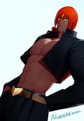 Rule 34 | 1boy, abs, arm behind back, ashwatthama (fate), bara, dark-skinned male, dark skin, denim, fate/grand order, fate (series), feet out of frame, gem, jacket, jeans, large pectorals, leather, leather belt, leather jacket, long hair, looking at viewer, male focus, manly, mature male, meisho hanten, muscular, muscular male, no shirt, pants, pectorals, red hair, simple background, solo, white background, yellow eyes