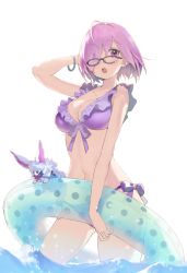 Rule 34 | 1girl, alternate costume, arm behind head, bikini, blush, breasts, cowboy shot, fate/grand order, fate (series), fou (fate), frilled bikini, frills, glasses, inflatable toy, kanzarin, large breasts, looking at viewer, mash kyrielight, navel, open mouth, panties, pink hair, purple bikini, purple eyes, short hair, side-tie bikini bottom, side-tie panties, simple background, solo, standing, swimsuit, underwear, upper body, wading, water, white background