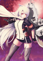 Rule 34 | 1girl, ahoge, animal ears, armband, azur lane, black gloves, black shorts, black thighhighs, cannon, cape, closed mouth, clothes writing, cowboy shot, fingerless gloves, gloves, hair ornament, hairclip, head tilt, highres, itaco, long hair, long sleeves, machinery, montpelier (azur lane), multiple girls, parted lips, red eyes, rigging, shirt, short shorts, shorts, sidelocks, solo, thighhighs, turret, very long hair, white cape, wind, wind lift