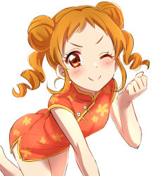 Rule 34 | 10s, 1girl, absurdres, aikatsu!, aikatsu! (series), arisugawa otome, ass, blush, brown eyes, brown hair, china dress, chinese clothes, dress, drill hair, highres, looking at viewer, matching hair/eyes, one eye closed, sekina, simple background, smile, solo, white background