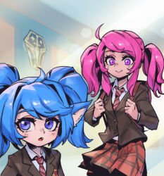 Rule 34 | 2girls, :o, alternate costume, blue hair, blush, brown jacket, closed mouth, collared shirt, fang, indoors, jacket, league of legends, looking at another, lux (league of legends), multiple girls, necktie, open mouth, phantom ix row, plaid, plaid skirt, pointy ears, poppy (league of legends), purple eyes, red necktie, red skirt, school uniform, shirt, skirt, smile, striped necktie, twintails, yordle