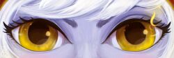 Rule 34 | 1girl, close-up, eye focus, league of legends, looking at viewer, mews (imafloof), orange eyes, short hair, solo, tristana, white hair, yordle