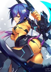 Rule 34 | 1girl, arm blade, artist name, ass, bad id, bad pixiv id, blue hair, bodysuit, breasts, clenched teeth, commentary, cowboy shot, english commentary, glowing, grey background, hair between eyes, headpiece, long hair, looking at viewer, mechanical tail, medium breasts, motion blur, multicolored hair, parted lips, phantasy star, phantasy star online 2, purple hair, quna (pso2), shimotsuki shio, signature, simple background, skin tight, solo, tail, teeth, twintails, two-tone hair, weapon, yellow bodysuit, yellow eyes, zelsius