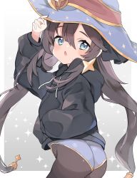 Rule 34 | 1girl, :o, absurdres, aged down, ass, black hoodie, black pantyhose, blue eyes, blue leotard, blush, child, earrings, fang, genshin impact, hair ornament, hair ribbon, hand in pocket, hat, hat tip, highres, hood, hoodie, jewelry, leotard, leotard under clothes, long hair, long sleeves, looking at viewer, mona (genshin impact), open mouth, pantyhose, purple hair, ribbon, star (symbol), star earrings, star hair ornament, sweatdrop, twintails, very long hair, witch hat, zeru (wisel army)