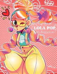 Rule 34 | 1girl, arms (game), baggy pants, cello us, clown, clown girl, cowboy shot, earrings, eyelashes, fake nose, female focus, gloves, green eyes, heart, jewelry, lipstick, lola pop, long hair, looking at viewer, makeup, mask, nintendo, one eye closed, overalls, pants, patterned background, red lips, red nose, shiny clothes, shiny skin, text focus, v, wink