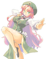 Rule 34 | 1girl, :o, arnest, beret, black bow, black footwear, black ribbon, blush, bow, braid, breasts, chinese clothes, collared dress, commentary request, dress, fighting stance, foot out of frame, green dress, green eyes, green hat, green skirt, green vest, hair bow, hat, hat ornament, highres, hong meiling, large breasts, leg up, long hair, long sleeves, looking at viewer, neck ribbon, no pants, open mouth, outstretched arm, puffy sleeves, red hair, ribbon, shirt, shoes, simple background, skirt, solo, standing, standing on one leg, star (symbol), star hat ornament, thighs, touhou, twin braids, vest, white background, white shirt