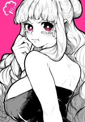 Rule 34 | absurdres, blunt bangs, breasts, close-up, dress, hand up, highres, impossible clothes, impossible dress, large breasts, long hair, looking at viewer, one piece, perona, pink background, pink eyes, portrait, simple background, strapless, strapless dress, tearing up, yotsumi shiro