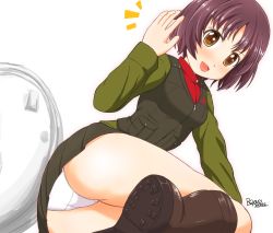 Rule 34 | 10s, 1girl, :d, blush, breasts, brown footwear, character request, commentary request, crotch seam, cst (cocost), girls und panzer, highres, long sleeves, looking at viewer, miniskirt, open mouth, panties, pantyshot, pleated skirt, pocket, purple hair, red star, shoe soles, short hair, simple background, skirt, slit pupils, smile, solo, star (symbol), underwear, upskirt, white background, white panties, yellow eyes