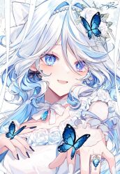 Rule 34 | 1girl, black nails, blue brooch, blue butterfly, blue eyes, blue hair, blush, bug, butterfly, fingernails, flower, furina (genshin impact), genshin impact, hair between eyes, heterochromia, insect, jewelry, light blue hair, long hair, looking at viewer, multicolored hair, nail polish, open mouth, ring, sidelocks, smile, solo, streaked hair, taya oco, teardrop, tearing up, two-tone hair, upper body, white flower, white nails