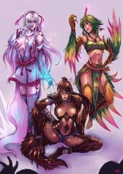 Rule 34 | 3girls, anger vein, bandaged arm, bandages, bare shoulders, blue eyes, blue nails, breasts, brown hair, chain, claws, cleavage, collar, colored skin, cutoffs, detached sleeves, eyepatch, feathers, fur, green hair, hand on own hip, harpy, ice, jewelry, kachima, large breasts, long hair, midriff, monster girl, multiple girls, nail polish, navel, original, pendant, pointy ears, ponytail, purple skin, red eyes, scar, short shorts, shorts, signature, silver hair, sitting, spiked collar, spikes, talons, tattoo, thighhighs, topless, very long hair, werewolf, winged arms, wings, yellow eyes, yuki onna, zettai ryouiki