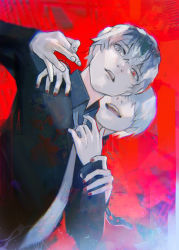 Rule 34 | 2boys, :d, black hair, black nails, black shirt, blue background, collared shirt, commentary request, dual persona, grey eyes, grey necktie, hair between eyes, hair over eyes, hand up, heterochromia, highres, kaneki ken, kyuuba melo, looking at another, multicolored hair, multiple boys, nail polish, necktie, open mouth, red background, red eyes, sasaki haise, shirt, short hair, smile, teeth, tokyo ghoul, tokyo ghoul:re, two-tone hair, upper body, upper teeth only