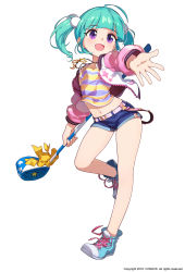 Rule 34 | 1girl, :d, ahoge, bare legs, belt, blue footwear, blue hair, blue shorts, blunt bangs, contrapposto, copyright request, full body, golf club, hair bobbles, hair ornament, highres, holding, holding golf club, jacket, long sleeves, looking at viewer, micro shorts, open clothes, open jacket, open mouth, pink belt, pink jacket, purple eyes, reaching, reaching towards viewer, rheez, shirt, shoes, shorts, simple background, smile, solo, striped clothes, striped shirt, twintails, watermark, white background