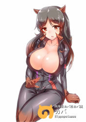 Rule 34 | 10s, 1girl, animal ears, arm support, black hair, blush, breasts, brown eyes, brown hair, catsuit, center opening, character name, cleavage, collarbone, fujikusa, full-length zipper, gradient hair, highres, hippopotamus (kemono friends), hippopotamus ears, japari symbol, kemono friends, large breasts, looking at viewer, multicolored hair, parted lips, partially submerged, sitting, skin tight, solo, zipper