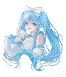 Rule 34 | 1girl, 2023, :d, absurdres, alternate costume, blue bow, blue dress, blue eyes, blue theme, bow, breasts, buttons, chinese commentary, cleavage, commentary request, dated, dress, flower, frilled bow, frilled dress, frilled sleeves, frills, hair bow, hair flower, hair ornament, hatsune miku, highres, light blush, long hair, looking at viewer, mie haha, open mouth, signature, simple background, small breasts, smile, solo, teeth, twintails, two-tone dress, upper body, upper teeth only, vocaloid, weibo logo, weibo watermark, white background, white bow, white dress, white flower