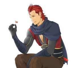 Rule 34 | fire emblem, fire emblem fates, flower, gloves, highres, male focus, nintendo, one eye closed, red eyes, red hair, saizo (fire emblem), scar, scarf, simple background, sitting, solo, sou ma, white background