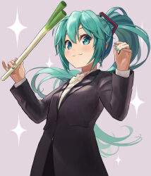 Rule 34 | 1girl, :3, aqua eyes, aqua hair, black jacket, blush, bow, bowtie, closed mouth, collared shirt, commentary, food, formal, hands up, hatsune miku, highres, holding, holding food, holding spring onion, holding vegetable, ishiyuki, jacket, long hair, long sleeves, looking at viewer, ponytail, revision, shirt, smile, solo, sparkle background, spring onion, suit, twintails, upper body, vegetable, very long hair, vocaloid, white bow, white bowtie, white shirt