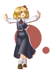 Rule 34 | 1girl, :d, blonde hair, crossed legs, embodiment of scarlet devil, fang, female focus, hair ribbon, open mouth, orippa, outstretched arms, red eyes, ribbon, rumia, short hair, simple background, smile, solo, spread arms, standing, touhou, watson cross