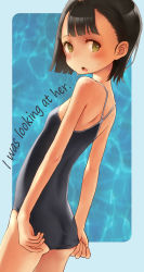 Rule 34 | 1girl, ass, black hair, english text, female focus, from behind, highres, kakinomai, looking back, one-piece swimsuit, open mouth, original, short hair, solo, swimsuit, text focus