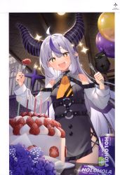 Rule 34 | + +, :d, absurdres, ahoge, balloon, birthday cake, black dress, blush, braid, braided bangs, cake, can, crow (la+ darknesss), demon horns, dress, food, food on face, fork, fruit, grey hair, hair between eyes, highres, holding, holding fork, hololive, horns, indoors, la+ darknesss, long hair, long sleeves, mishima kurone, multicolored hair, open mouth, pointy ears, purple hair, scan, smile, sparkle, standing, strawberry, streaked hair, striped horns, very long hair, virtual youtuber, yellow eyes