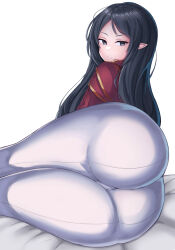 Rule 34 | 1girl, absurdres, adele (maplestory), ass, ass focus, bed sheet, black hair, closed mouth, from behind, frown, grey eyes, high collar, highres, kel (pixiv77786190), long hair, looking back, maplestory, pants, parted bangs, pointy ears, simple background, solo, tight clothes, tight pants, white background, white pants