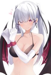 Rule 34 | 1girl, bare shoulders, bikini, black bikini, bound, bound wrists, breasts, cleavage, closed mouth, collarbone, demon wings, doyachii, elbow gloves, gloves, hair ornament, halterneck, halterneck, heart, heart-shaped pupils, highres, large breasts, long hair, looking at viewer, original, red eyes, red ribbon, ribbon, sidelocks, silver hair, simple background, smile, solo, stomach, string bikini, swimsuit, symbol-shaped pupils, twintails, upper body, white background, white gloves, wings