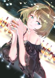 Rule 34 | 119, 1girl, black dress, blue eyes, blush, brown hair, closed mouth, cup, dress, dutch angle, green nails, highres, holding, holding cup, idolmaster, idolmaster cinderella girls, indoors, long sleeves, looking at viewer, mole, mole under eye, nail polish, off-shoulder dress, off shoulder, short hair, sitting, sketch, smile, solo, takagaki kaede