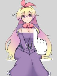 Rule 34 | 100 percent orange juice, 1girl, alicianrone, alicianrone (orange juice), artist request, blonde hair, blush, breasts, cleavage, dress, highres, long hair, looking at viewer, open mouth, purple dress, purple eyes, solo