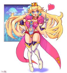 Rule 34 | 1girl, blonde hair, blue eyes, boots, breasts, cleavage, crown, dress, gloves, heart, highres, large breasts, long hair, mario (series), moon, navel, nintendo, oomasa teikoku, pink dress, princess peach, revealing clothes, shiny clothes, shiny skin, short sleeves, skindentation, sky, star (sky), starry sky, super mario bros. 1, thigh boots, thighhighs, thighhighs under boots, thighs, very long hair
