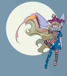Rule 34 | 1girl, american flag dress, american flag pants, arm up, blonde hair, blue dress, blue pants, blue sky, breasts, clownpiece, dress, fairy wings, fire, flying, hand up, hat, holding, holding torch, jester cap, kaigen 1025, long hair, looking to the side, medium breasts, moon, multicolored clothes, multicolored dress, multicolored pants, neck ruff, night, night sky, no shoes, open mouth, pants, pantyhose, pink eyes, pink fire, pink hat, polka dot, red dress, red pants, short sleeves, sky, smile, solo, star (symbol), star print, striped clothes, striped dress, striped pants, torch, touhou, very long hair, white dress, white pants, wings