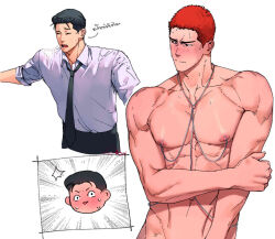 Rule 34 | 2boys, bara, black hair, black pants, blush, closed mouth, embarrassed, fatcat, highres, large pectorals, male focus, mito youhei, multiple boys, muscular, muscular male, necktie, nipple piercing, open mouth, pants, pectorals, piercing, red hair, sakuragi hanamichi, shirt, short hair, slam dunk (series), translation request, white shirt, yaoi