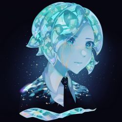 Rule 34 | 1other, absurdres, androgynous, aqua hair, artist request, black background, black necktie, closed mouth, collared shirt, colored eyelashes, crying, crying with eyes open, from side, gem uniform (houseki no kuni), gold, highres, houseki no kuni, necktie, other focus, phosphophyllite, profile, shirt, short hair, simple background, solo, tears, upper body, white shirt