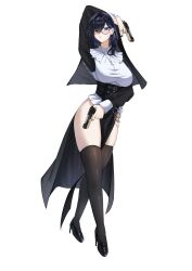 Rule 34 | 1girl, absurdres, arm behind head, ayase yuu, beretta 92, black footwear, black hair, black sleeves, black thighhighs, blue eyes, blue hair, breasts, chain, collared dress, commission, cross, cross necklace, dress, dual wielding, full body, gun, habit, handgun, high heels, highres, holding, holding gun, holding weapon, jewelry, large breasts, long hair, mchiefy, monocle, multicolored hair, necklace, nun, pelvic curtain, phase connect, phase connect jp, purple eyes, solo, streaked hair, thighhighs, virtual youtuber, weapon