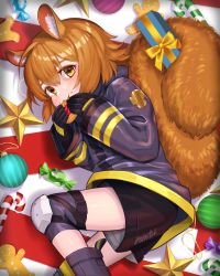Rule 34 | 1girl, ahoge, animal ears, arknights, bauble, black footwear, black gloves, black jacket, black shorts, blush, boots, box, candy, candy cane, christmas ornaments, cookie, crumbs, eating, food, food on face, gift, gift box, gingerbread man, gloves, hair between eyes, highres, jacket, knee pads, looking at viewer, lying, memetaroh, on side, shaw (arknights), short hair, shorts, solo, squirrel ears, squirrel girl, squirrel tail, star ornament, tail, yellow eyes