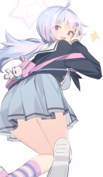 Rule 34 | 1girl, ahoge, backpack, bag, blue archive, blue eyes, blue hair, from behind, grey skirt, halo, highres, kildir, long hair, long sleeves, looking at viewer, multicolored hair, open mouth, pink hair, pink halo, reisa (blue archive), school uniform, skirt, socks, solo, star (symbol), star halo, striped clothes, striped socks, two-tone hair, v
