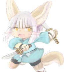 Rule 34 | 10s, artist request, brown eyes, rabbit, furry, knife, made in abyss, nanachi (made in abyss), ninja, open mouth, weapon