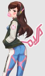 Rule 34 | 1girl, ass, bodysuit, brown eyes, brown hair, blowing bubbles, chewing gum, clothes writing, d.va (overwatch), english text, facial mark, from behind, hands in pockets, headphones, highres, jacket, letterman jacket, long hair, looking at viewer, looking back, matching hair/eyes, natsuhara, overwatch, overwatch 1, simple background, solo, sweater vest, whisker markings