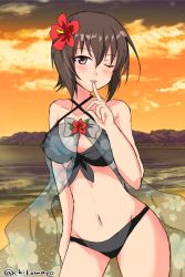 Rule 34 | 10s, 1girl, beach, bikini, black bikini, bow, breasts, brown eyes, brown hair, chikomayo, cleavage, cloud, cloudy sky, commentary request, contrapposto, cover up, cowboy shot, finger to mouth, flower, front-tie bikini top, front-tie top, girls und panzer, grey bow, hair flower, hair ornament, looking at viewer, medium breasts, navel, nishizumi maho, one-hour drawing challenge, one eye closed, outdoors, parted lips, see-through, short hair, shushing, sky, smile, solo, standing, swimsuit, swimsuit cover-up, twilight, twitter username