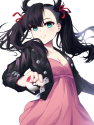 Rule 34 | 1girl, absurdres, asymmetrical bangs, black hair, black jacket, breasts, chun nam, cleavage, closed mouth, collarbone, creatures (company), dress, floating hair, game freak, green eyes, hair ribbon, highres, holding, holding poke ball, jacket, long hair, looking at viewer, marnie (pokemon), nintendo, open clothes, open jacket, pink dress, poke ball, poke ball (basic), pokemon, pokemon swsh, red ribbon, ribbon, short dress, simple background, small breasts, smile, solo, standing, twintails, white background