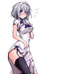 Rule 34 | 1girl, alternate costume, amagi (amagi626), black thighhighs, blush, braid, china dress, chinese clothes, commentary request, cowboy shot, dress, floral print, garter straps, hair between eyes, izayoi sakuya, looking at viewer, nose blush, purple eyes, short hair, silver hair, simple background, solo, standing, thighhighs, touhou, white background