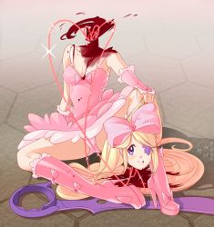Rule 34 | 10s, 1girl, blonde hair, blood, blood from mouth, blood splatter, blue eyes, boots, bow, bracer, breasts, colored eyelashes, dress, drill hair, eyelashes, eyepatch, guro, hair bow, harime nui, high heel boots, high heels, kill la kill, knee boots, life fiber, long hair, panties, pantyshot, pink bow, pink dress, pink footwear, pink panties, pink theme, platform boots, platform footwear, platform heels, scissor blade (kill la kill), severed head, shunkaku, sitting, small breasts, smile, solo, stiletto heels, strapless, strapless dress, twin drills, underwear