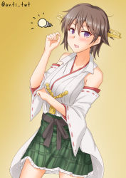 Rule 34 | 1girl, anti (untea9), brown hair, commentary request, cowboy shot, detached sleeves, gradient background, green skirt, hairband, headgear, hiei (kancolle), hiei kai ni (kancolle), highres, japanese clothes, kantai collection, light bulb, plaid, popped collar, purple eyes, ribbon-trimmed sleeves, ribbon trim, short hair, skirt, solo, twitter username, yellow background