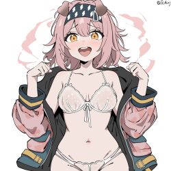 1girl absurdres animal_ears arknights black_jacket bra breasts chinese_commentary collarbone commentary_request goldenglow_(arknights) grey_bra grey_panties groin hair_between_eyes hands_up highres jacket long_sleeves looking_at_viewer medium_breasts navel no_shirt open_clothes open_jacket open_mouth panties pink_hair pink_jacket short_hair solo tcchief twitter_username underwear white_background yellow_eyes