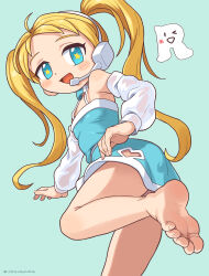 Rule 34 | 1girl, absurdres, ahoge, artist name, bare legs, barefoot, blonde hair, blue background, blue choker, blue dress, blue eyes, breasts, choker, detached sleeves, dress, feet, female focus, foot focus, foot out of frame, from behind, headset, highres, leg up, long hair, looking at viewer, looking back, open mouth, oyatsu (mk2), rta-chan, rta in japan, simple background, sleeveless, sleeveless dress, small breasts, smile, soles, solo, standing, standing on one leg, star-shaped pupils, star (symbol), symbol-shaped pupils, thighs, toes, twintails