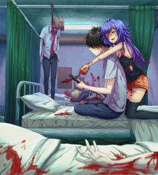 Rule 34 | 2boys, 2girls, absurdres, arina chaika, armpits, bed, black hair, blonde hair, blood, blue hair, closed eyes, commentary, commission, corpse, curtains, death, english commentary, full body, highres, horror (theme), hospital, hospital bed, hug, indoors, knife, long hair, multiple boys, multiple girls, orange hair, original, phone, photoshop (medium), self-upload, shirt, short hair, shorts, smile, torn clothes, torn shirt, yandere