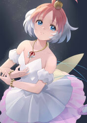 Rule 34 | 1girl, 631, ahoge, bare shoulders, blue eyes, breasts, detached sleeves, dress, grey background, hat, highres, jewelry, mini hat, multicolored hair, necklace, princess tutu, princess tutu (character), small breasts, solo, standing, two-tone hair, white dress