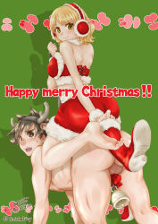 Rule 34 | 1boy, 1girl, all fours, antlers, bell, blonde hair, blush, boots, brown eyes, brown hair, christmas, clothed female nude male, feet, femdom, green eyes, headband, highres, hihiru, horns, looking back, nipples, nude, open mouth, original, sitting, sitting on person, skirt, smile, teardrop, teeth, testicles, tongue